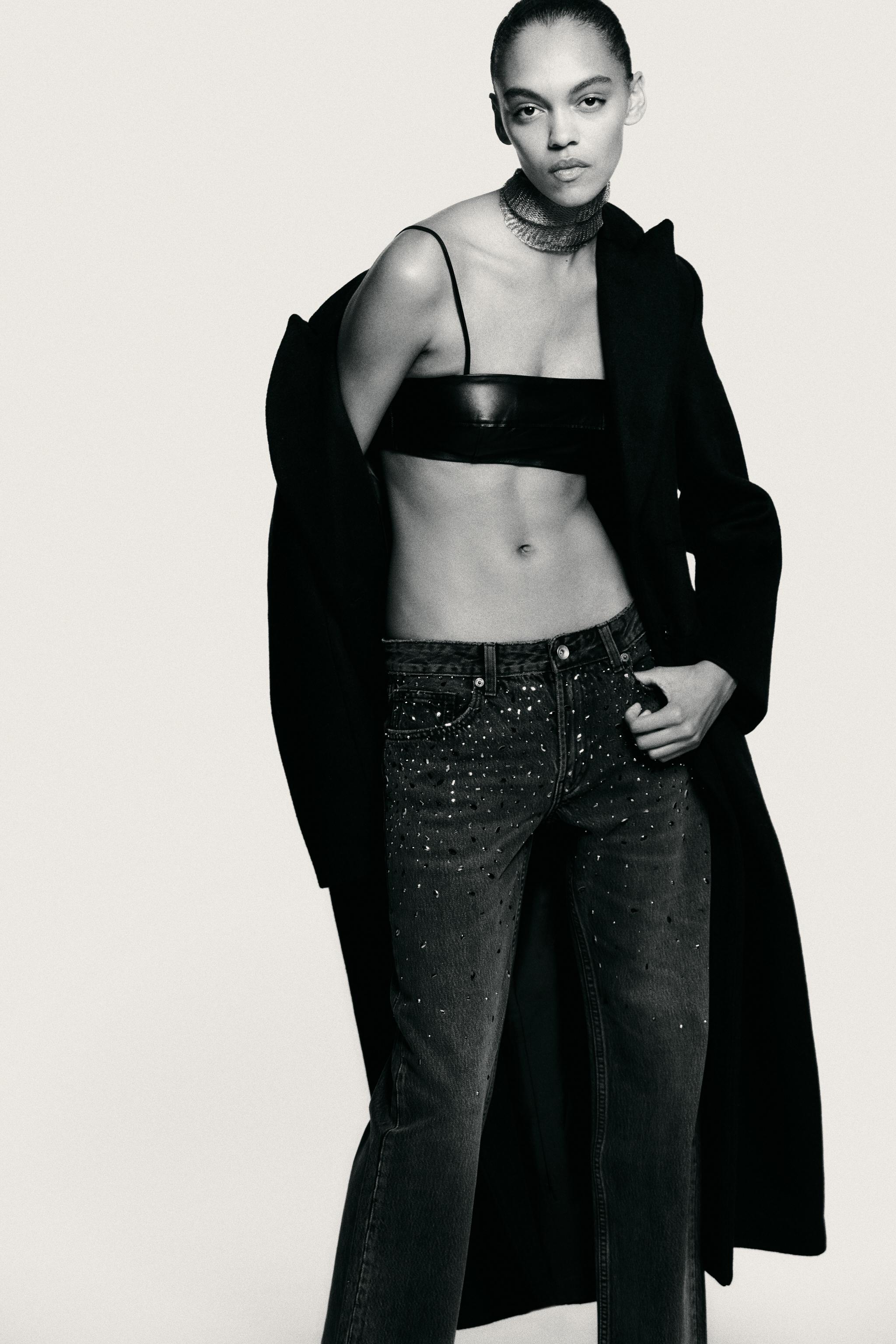 TRF LOW RISE STRAIGHT RHINESTONE JEANS